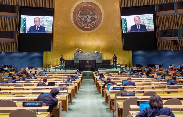 
President Michel Aoun (on screens) of Lebanon addresses the general debate of the UN General Assembly’s 76th session. — courtesy UN Photo/Cia Pak