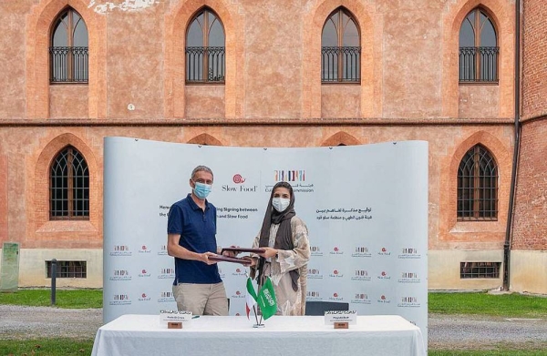 Saudi Culinary Arts Commission represented by its CEO Mayada Badr and Slow Food represented by its Secretary-General Paolo di Croce during the signing ceremony in the city of Polenzo, Italy.