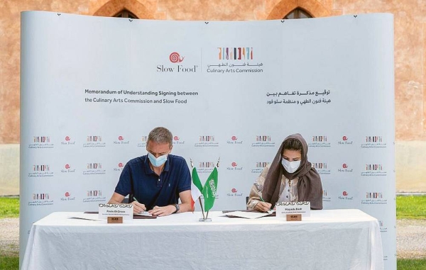 Saudi Culinary Arts Commission represented by its CEO Mayada Badr and Slow Food represented by its Secretary-General Paolo di Croce during the signing ceremony in the city of Polenzo, Italy.