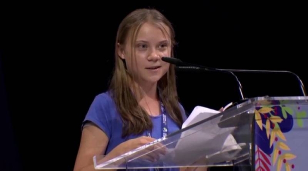 Swedish climate activist Greta Thunberg speaks during the Youth for Climate summit in Milan, Italy.