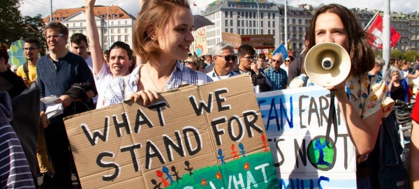 As part of the Fridays for Future school strikes, youth protest for climate action in Geneva in 2019.