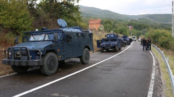 Roads on the way to the border are guarded by special units of the Kosovo police during continuing protests in Jarinje, Kosovo on September 27.
