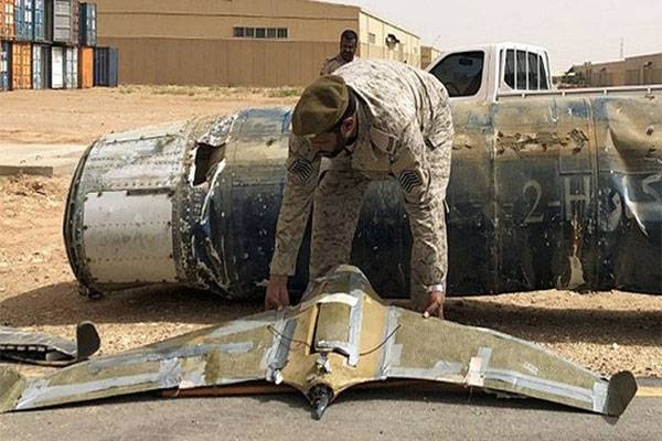 File photo of debris from a destroyed drone launched by Houthi militia toward southern Saudi Arabia.