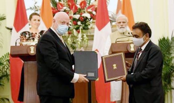 India and Denmal inked four agreements in the areas of mapping ground water resources and aquifers, access to traditional knowledge and digital library, an MoU to establish a center of excellence towards natural refrigerants for tropical climates and an agreement on skill development and entrepreneurship with Prime Minister Narendra Modi and his counterpart Mette Frederiksen looking on.