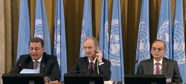 File photo of Geir O. Pedersen, UN Special Envoy for Syria (centre), and Syrian Constitutional Committee Co-Chairs Ahmad Kuzbari from the Government (left) and Hadi Albahra from the Opposition (right).