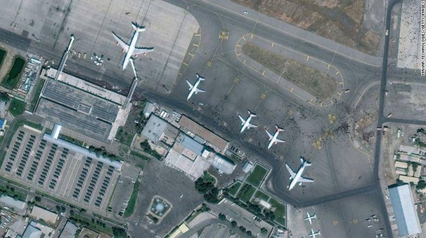Satellite imagery of the tarmac at Hamid Karzai International Airport in Afghanistan.
