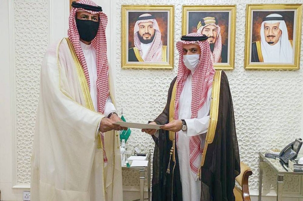 Minister of Foreign Affairs Prince Faisal Bin Farhan receives a written message from Kuwait's Crown Prince  Sheikh Mishal Al-Ahmad Al-Jaber Al-Sabah from Kuwait's Ambassador Sheikh Ali Al-Khaled Al-Jaber Al-Sabah in Riyadh Monday.