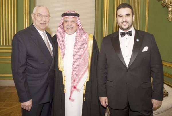 Picture shows former Saudi Ambassador to the United States Prince Khaled Bin Salman (R) with the former ambassador Prince Bandar Bin Sultan (C) and former US Secretary of State Colin Powell during the Saudi-US Partnership Gala event in Washington, DC, on 2018.