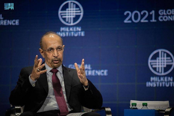 Minister of Investment Khalid Al-Falih speaks at the Milken Institute Global Conference in Los Angeles on Wednesday.