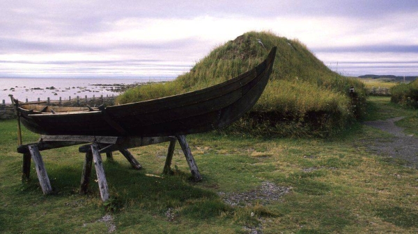 Replica Viking homes and other items at L'Anse aux Meadows, a Unesco world heritage site in Newfoundland, Canada.