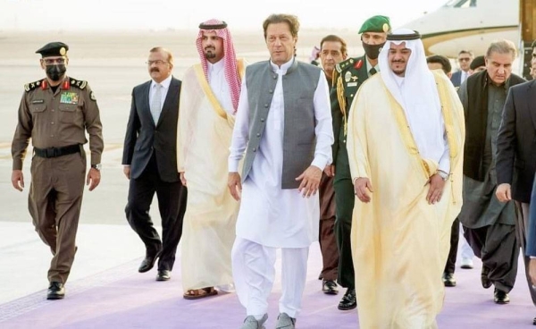 Pakistan Prime Minister Imran Khan is received at the King Khalid International Airport by Prince Mohammed Bin Abdulrahman, acting governor of Riyadh Region; Prince Faisal Bin Abdulaziz Bin Ayyaf, mayor of Riyadh Region; Maj. Gen. Fahd Bin Zaid Al-Mutairi, director of Riyadh Region Police.