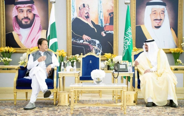 Pakistan Prime Minister Imran Khan is received at the King Khalid International Airport by Prince Mohammed Bin Abdulrahman, acting governor of Riyadh Region; Prince Faisal Bin Abdulaziz Bin Ayyaf, mayor of Riyadh Region; Maj. Gen. Fahd Bin Zaid Al-Mutairi, director of Riyadh Region Police.