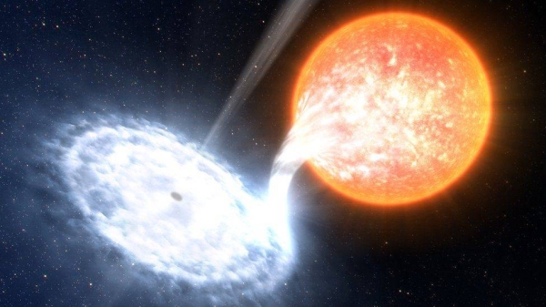 A neutron star or black hole pulling in gas from a companion star. The finding comes from observation of an X-ray binary.

