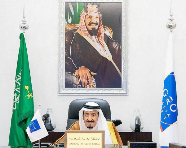 The Custodian of the Two Holy Mosques King Salman, who virtually heads the Kingdom's delegation to the G20 Leaders Summit, speaks at the first session.