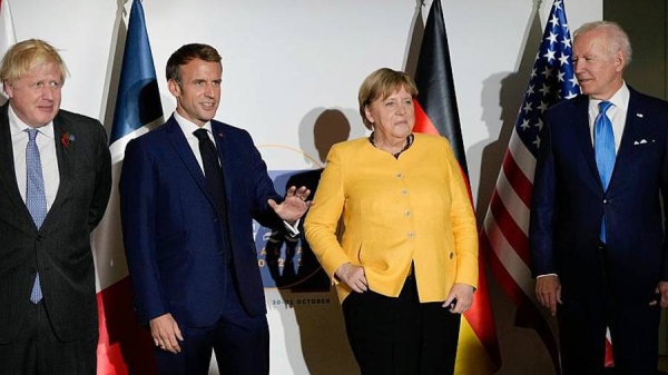 British Prime Minister Boris Johnson, French President Emmanuel Macron, German Chancellor Angela Merkel, and US President Joe Biden at the G20 summit in Rome. — courtesy Euronews

