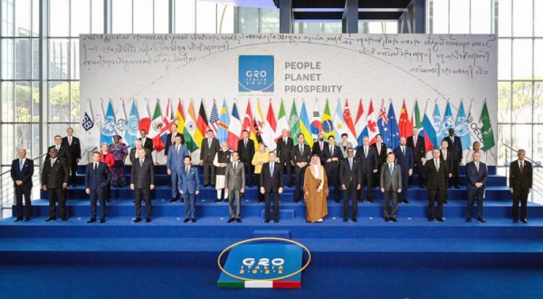 Leaders pose for the family photo of the G20 summit at the La Nuvola conference center, in Rome, Saturday. — courtesy Twitter