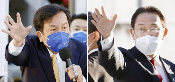 Combined photo shows Japanese Prime Minister Fumio Kishida (R) and Yukio Edano, leader of the main opposition Constitutional Democratic Party of Japan, making stump speeches in Machida in Tokyo and the capital's Tachikawa, respectively, on Oct 30, 2021, a day before a general election. — courtesy Kyodo