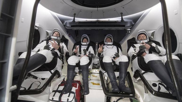 European Space Agency astronaut Thomas Pesquet, NASA astronauts Megan McArthur and Shane Kimbrough, and Japan Aerospace Exploration Agency astronaut Akihiko Hoshide. — NASA