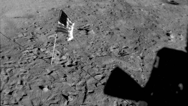 July 21, 1969 photo shows a US flag planted at Tranquility Base on the surface of the moon.