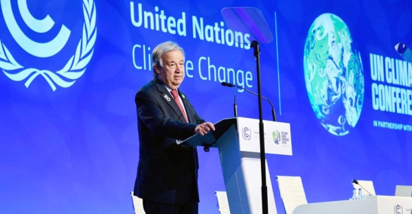 Secretary-General António Guterres addresses delegates at the COP26 Climate Conference in Glasgow, Scotland. — courtesy UNRIC/Miranda Alexander-Webber