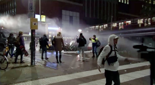 Protests in The Hague saw some 200 demonstrators clashing with officers and mounted police outside the Justice and Security Ministry. Police used a water cannon to disperse protesters.