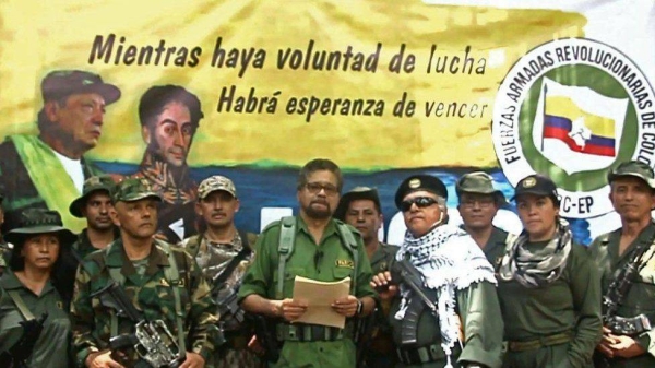 Velasquez (third from left) with dissident leaders of Segunda Marquetalia announcing the group's formation in 2019.