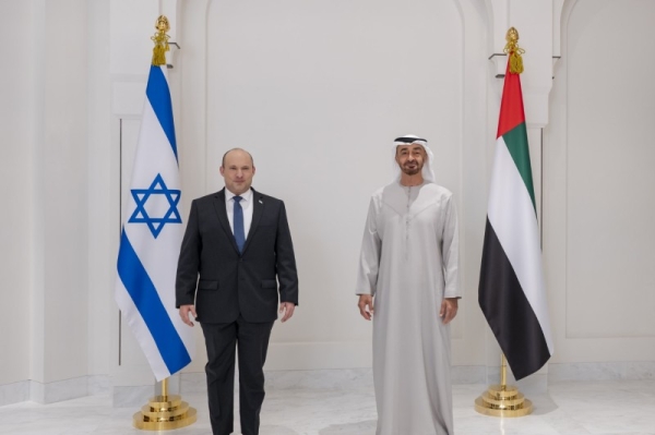 UAE Crown Prince Sheikh Mohammed bin Zayed Al Nahyan receives Israeli Prime Minister Naftali Bennett at his palace in Abu Dhabi on Monday. (WAM)

( Abdulla Al Neyadi for the Ministry of Presidential Affairs )
---