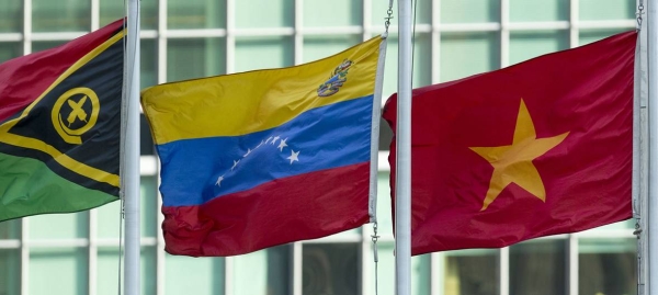 The flag of the Bolivarian Republic of Venezuela (center) flying at United Nations Headquarters in New York. (file)