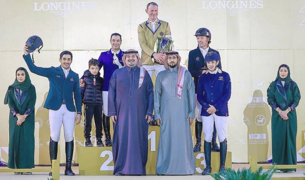 Prince Fahd Bin Jalawi Bin Abdulaziz Bin Musaed, vice-president of Saudi Olympic and Paralympic Committee, crowned Saturday Swedish rider Peder Fredricson, ranked No. 1 in the world in showjumping, with the trophy of first place in Saudi Show Jumping Equestrian Race.