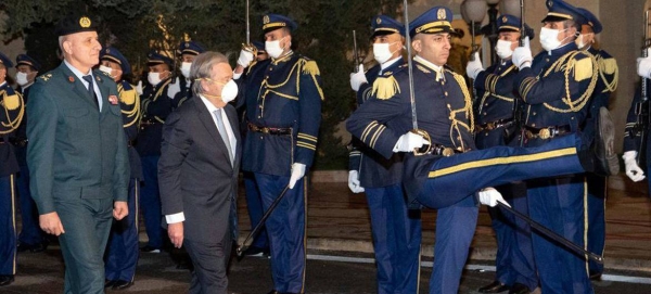 Secretary-General António Guterres during a press conference with Lebanese President Michel Aoun in Beirut.
