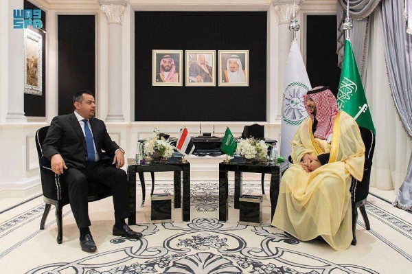 Prince Khalid bin Salman, Deputy Minister of Defense, holds talks with Yemeni Prime Minister Dr. Maeen Abdulmalek Saeed.