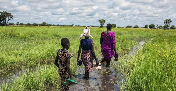 A woman and her family wade through a flooded plain to reach their home in Thaker, Unity state, South Sudan. — courtesy WFP/Gabriela Vivacqua