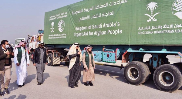 The KSrelief in Islamabad Tuesday inaugurated the relief land bridge to support the brotherly Afghani people, which is composed of 200 trucks loaded with 30,000 food baskets and 10,000 winter bags with a total weight of 1.92 tons.