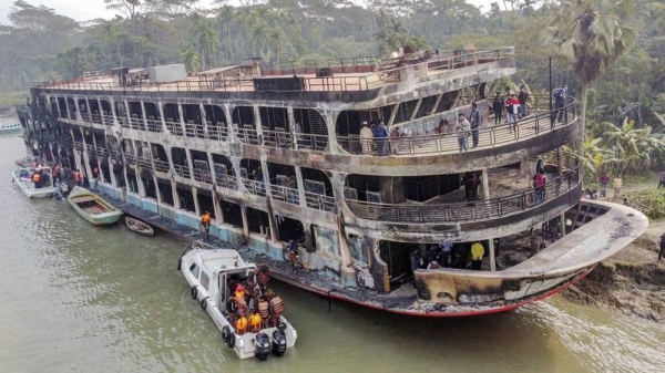 Rescue teams at the scene after a passenger ferry caught fire near the southern town of Jhalakathi, Bangladesh. — courtesy photo