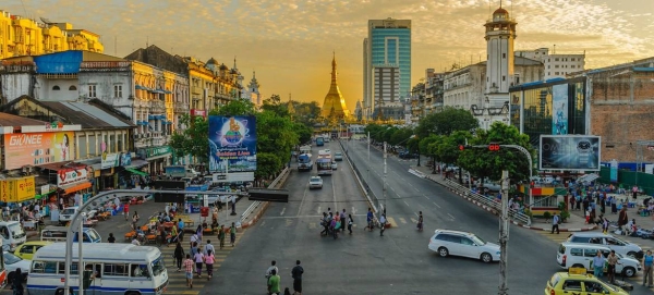 Dusk approaches in Yangon, Myanmar.