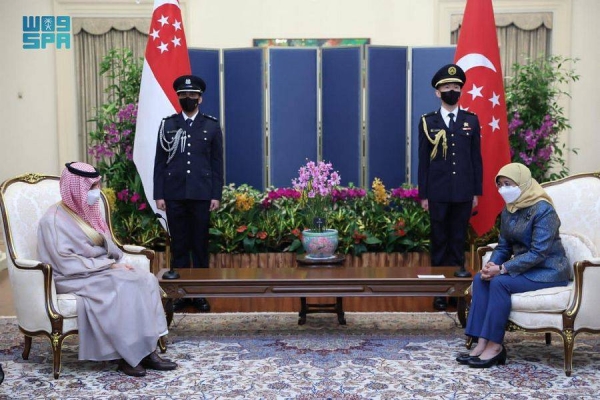  President Halimah Yacob of Singapore receives Saudi Arabia’s Foreign Minister Prince Faisal bin Farhan at her office on Thursday.