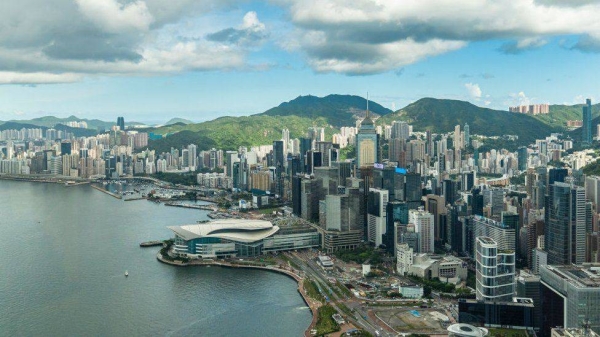 A view of the skyline and buildings in the business district of Hong Kong.