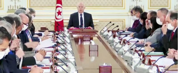Tunisia’s President Kais Saied seen chairing a Cabinet meeting in Tunis in this videograb.