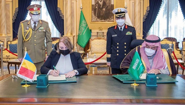 Dr. Khalid Bin Hussein Al-Bayari, assistant minister of defense for executive affair, and Romanian Simona Cojocaru, state secretary and chief of the department for defense policy, planning and international relations, sign on Monday a defense cooperation agreement.