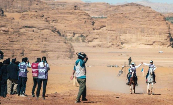 Saudi Equestrian Federation President Prince Abdullah Bin Fahd Bin Abdullah crowned Uruguayan jockey Federico Ferber after he won first place in the Custodian of the Two Holy Mosques Cup for Endurance 2022 (AlFursan Cup 2022), with Uruguayan jockey Andres Rivero coming in second, and French jockey Margo Chazelle taking third place.