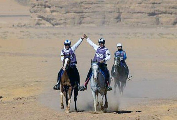 Saudi Equestrian Federation President Prince Abdullah Bin Fahd Bin Abdullah crowned Uruguayan jockey Federico Ferber after he won first place in the Custodian of the Two Holy Mosques Cup for Endurance 2022 (AlFursan Cup 2022), with Uruguayan jockey Andres Rivero coming in second, and French jockey Margo Chazelle taking third place.