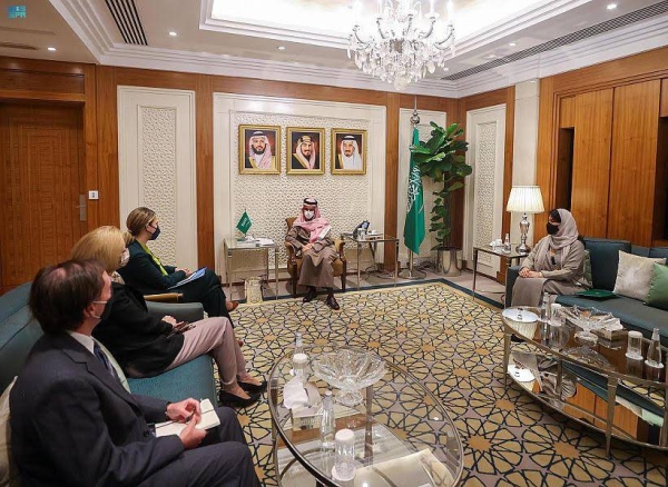 Minister of Foreign Affairs Prince Faisal bin Farhan receives US Acting Assistant Secretary of State for Near Eastern Affairs Yael Lambert at the ministry's headquarters in Riyadh on Monday.