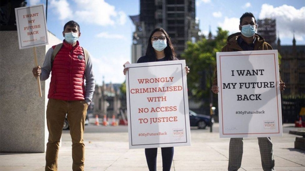 International students protest in Parliament Square, London, 2020I.