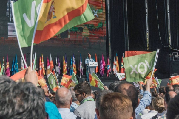 Leader of the far-right party Vox Santiago Abascal giving a speech during a campaign rally.