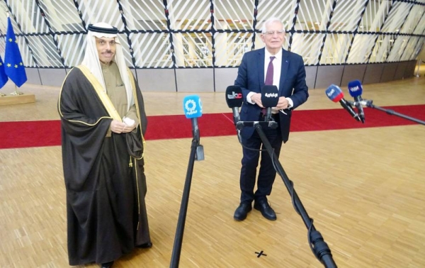 Foreign Minister Prince Faisal bin Farhan and EU High Representative Josep Borrell during a meeting in Brussels on Monday.