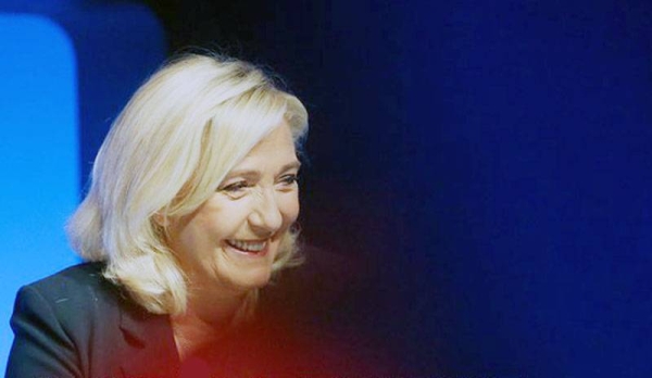 French far-right leader Marine Le Pen, seen in this recent photo, delivering a speech during a campaign rally.