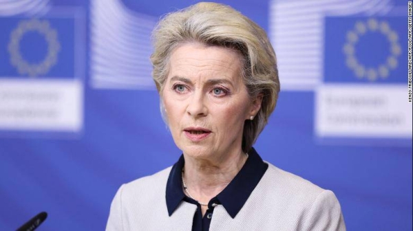 European Commission President Ursula von der Leyen speaks during a press statement on Russia's attack on Ukraine, in Brussels on Thursday.