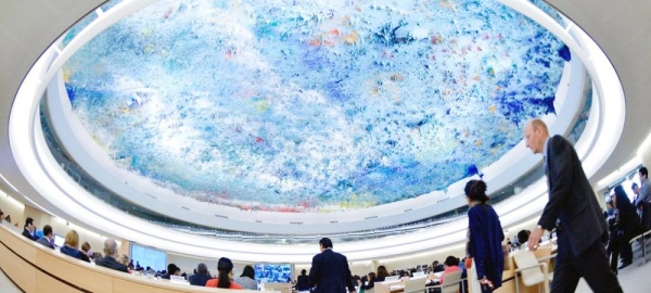 Human Rights Council President Federico Villegas gives a media briefing at the United Nations Office at Geneva. — courtesy Partha Konwar/UN Geneva