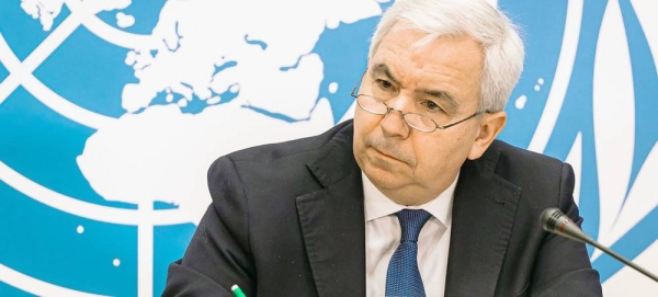 Human Rights Council President Federico Villegas gives a media briefing at the United Nations Office at Geneva. — courtesy Partha Konwar/UN Geneva