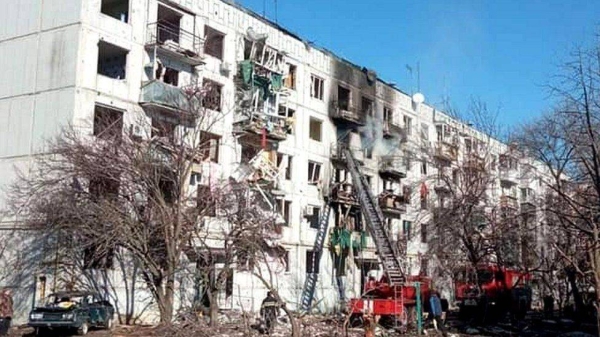 A boy died when this block of flats was shelled in north-eastern Ukraine.